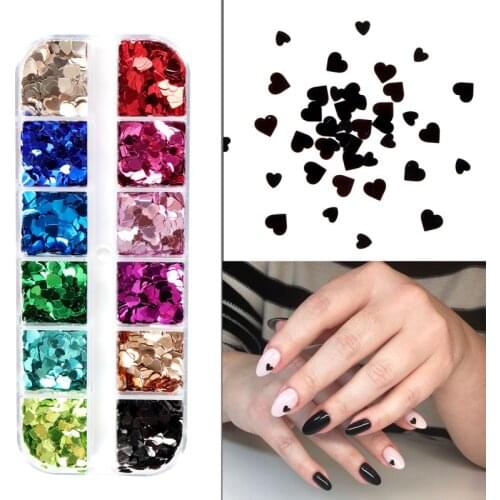 12 Grids Nail Art Sequins Sweet Love Mixed size Hearts Shaped Glitter Flakes Nail Decorations Accessories Manicure Design