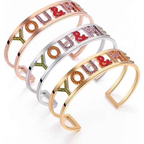 Colorful Crystal Letter You & Me Bangle Gold Rose Steel Color Women Stainless Steel Bracelets & Bangles 2019 New Fashion Jewelry