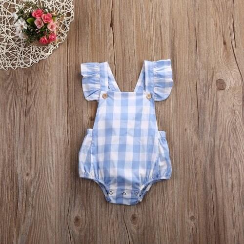 Cute Casual Newborn Infant Baby Girls Cotton Short Sleeve Square Collar Blue Plaid Bodysuit Playsuit Outfit Summer 0-18M
