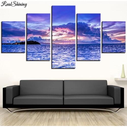5 Panel Blue Purple Sky Sea And White Clouds landscape full square round Diamond Embroidery mosaic picture diamond Painting F608