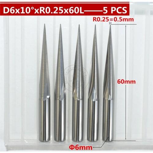5 PCS 6mm*10degree*R0.25*60L,CNC carbide wood End Mill,woodworking insert router bit,Taper ball nose end milling cutter