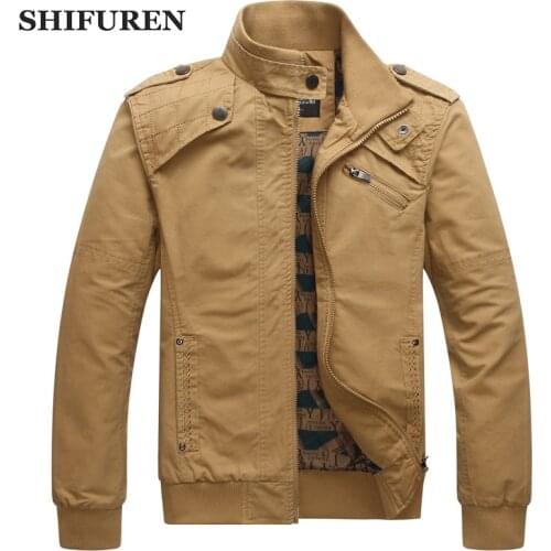 SHIFUREN New Autumn Causal Men Jakcet and Coats 100% Cotton High Quality Male Outerwear Stand Collar Overall Style Size M-3XL