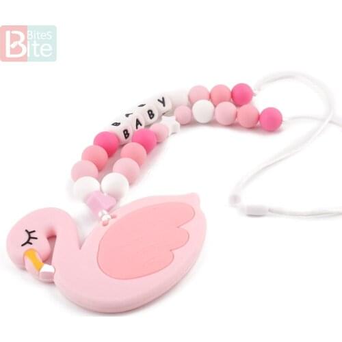 Bite Bites Personalise Pink Silicone Beads Flamingo Mini Heart Teethers Necklace Baby Names Teeting Letter Beads Baby Teether