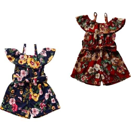 Cute Newborn Infant Kids Girls Romper Flowers Printed Off Shoulder Ruffles Sling Belt Jumpsuits One-piece Playsuit