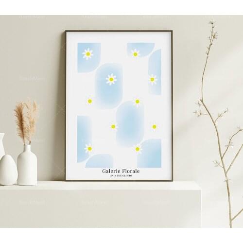Fashion daisy blue checkerboard exhibition style poster wall art, daisy flower market popular gradient home decoration wall art