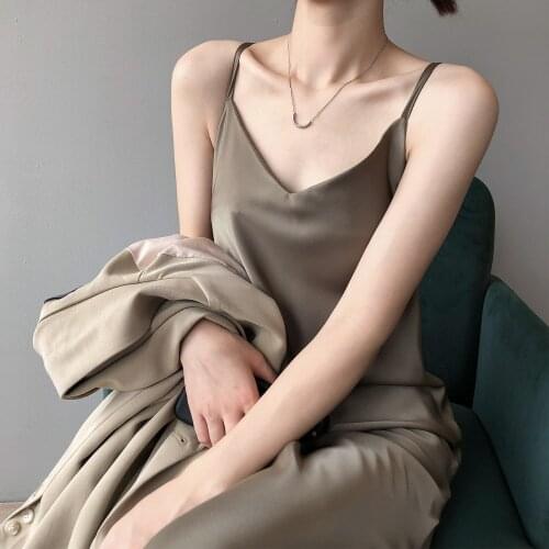 Fashion High Quality Womens Dress Summer Spaghetti Satin Long Woman Dress Very Soft Smooth dress summer 2021 black dress