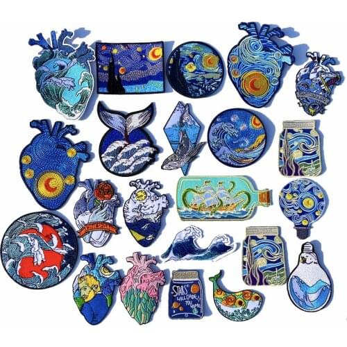 Prajna Van Gogh Patch Heart Embroidered Patches For Clothes Iron On Waves Patches For Clothing Cartoon Applique Outdoor Badge