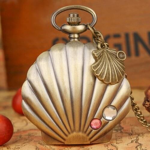 New Fashion Mermaid Shell Pocket Watch Unique Glossy Metal Scallop Case Crystal Pendant Necklace Superb Clock + Shell Accessory