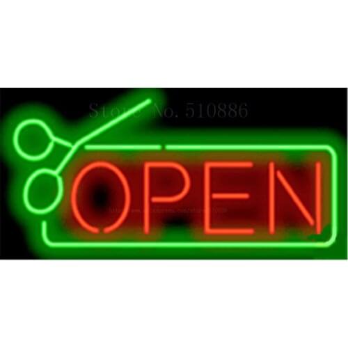 Open with Scissors Border Glass Salon Tube neon sign Handcrafted signs Club Pub Shop Store Business signage Signboard 17"x14"