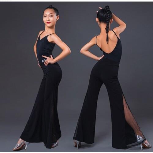 Latin Dance Dress Children Fashion Halter Bodysuit Mesh Flared Pants Rumba Cha Cha Samba Tango Girls Practice Costumes DN6388