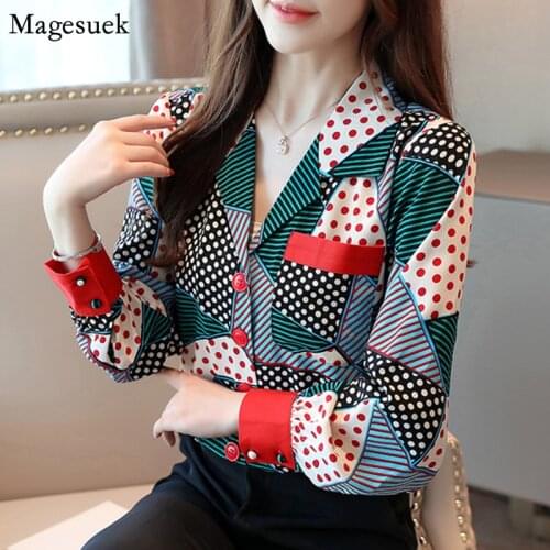Spring Summer Long Sleeve Shirts Blouses Women Color Patchwork Female Shirt Tops Button V-neck Office Chiffon Blouse Blusas 7087