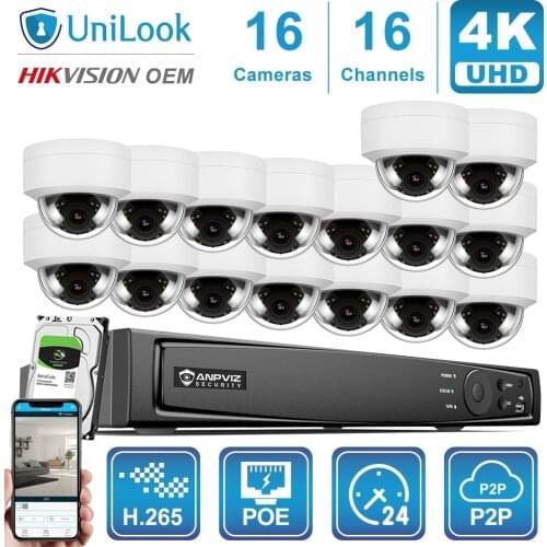 UnILook 16CH NVR 8/10/12/16Pcs 4K 8MP POE IP Camera NVR Kit Security System Audio Night Vision H.265 P2P View Hik OEM