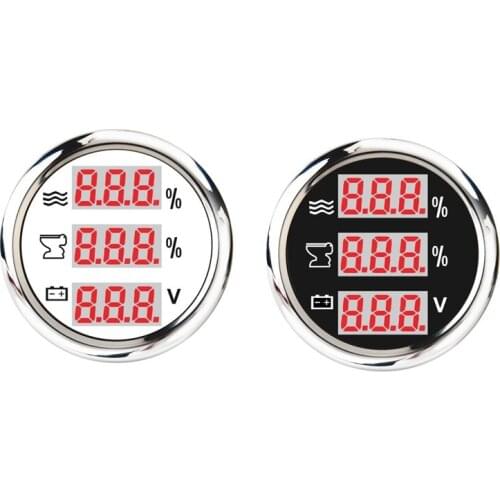 Universal 52mm 3 in 1 Multi-Function Digital Gauge Water Level Waste Holding Tank Indicator Voltmeter with Alarm