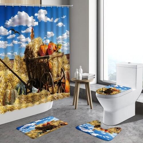 Country Farm Shower Curtain Autumn Harvest Landscape Bathroom Decor Natural View Rural Scenery Curtains Non-slip Rug Bath Mats