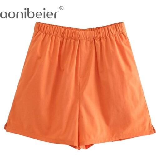 Aonibeier 2021 Za Woman Shorts Traf Summer Elastic High Waist Side Vents Pockets Female Casual Loose Shorts Orange Trousers