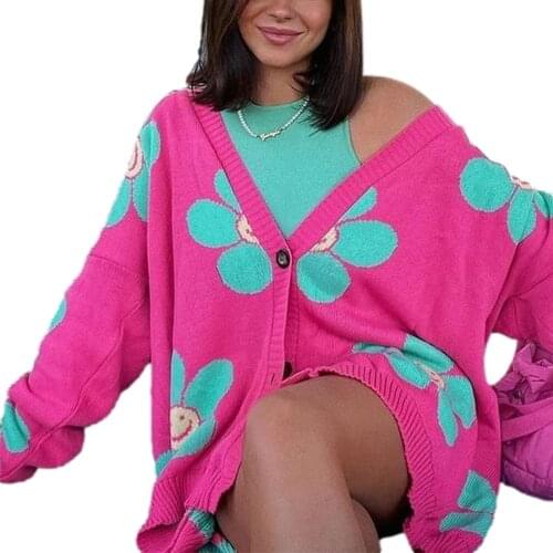 Women Button-down Cardigan Adults Heart/Flower Print Long Sleeve V-neck Ribbed Trim Outerwear