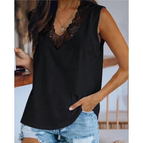 2020 Fashion Women Summer Elegant Sleeveless Lace Trim V-neck Casual Tank Top Lady Sexy Patchwork Black Top