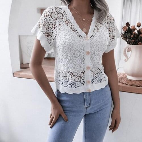 Fashionable 2021 New Womens Summer V Neck Short Sleeve Singel Breasted Crochet Hollow Lace Top For Ladies Causal Chic Blouses