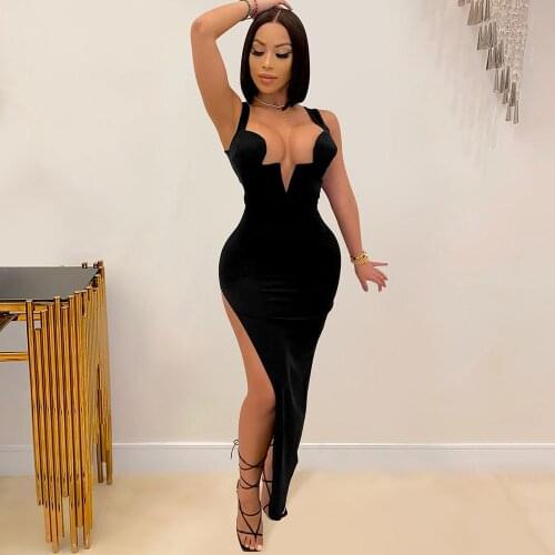 Sexy Spaghetti Strap V-neck Black Maxi Dress Women Evening Elegant Club Wear Sexy High Slit Celebrity Christmas Party Long Dress