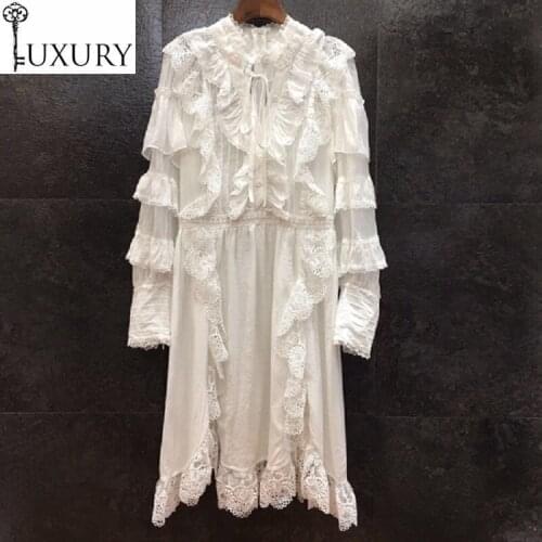 Runway High Quality Designer 2020 Spring Women Ruffle Lace Embroidery Patchwork Long Sleeve White Black Dress Vestidos