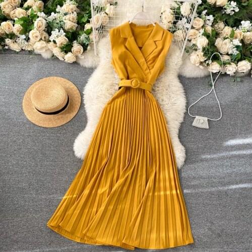 Elegant Summer Women V-Neck Sleeveless Pleated Ruffles Dress With Belt Lady Elastic Slim Waist Pullover Party Midi Chic Dress