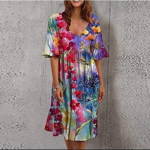 2021 Fashion Dress Women Summer Dresses Vintage Casual Shattered Flowers Print Ruffles Short Sleeve Loose Bohemia Dress Vestidos