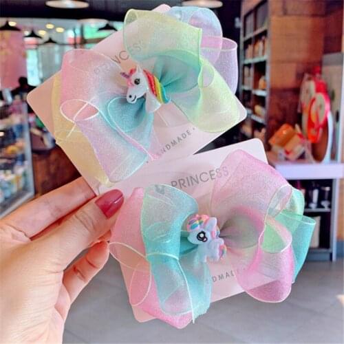 10pcs/lot Hot Sale Cartoon Little Horse Princess Hair Clip Beautiful Transparent Snow Yarn Bow Unicorn Hairpin Hair Accessories