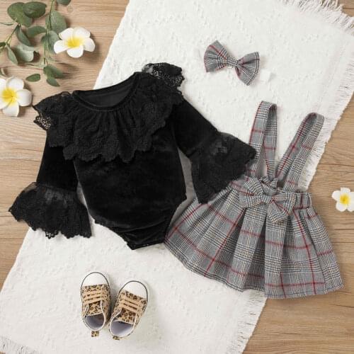 3pcs Lovely Princess Party Baby Girls Clothes Solid Long Flare Sleeve Lace Romper Plaid Strap Skirt With Hairband Infant Clothes