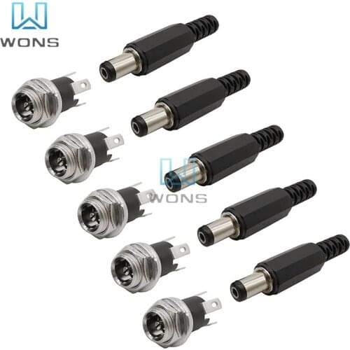 5.5x2.1 5.5mm x 2.1mm DC Power Supply Plug Connector + Female Metal Panel Mount Socket Jack Plug DC Connectors Terminal Adapter