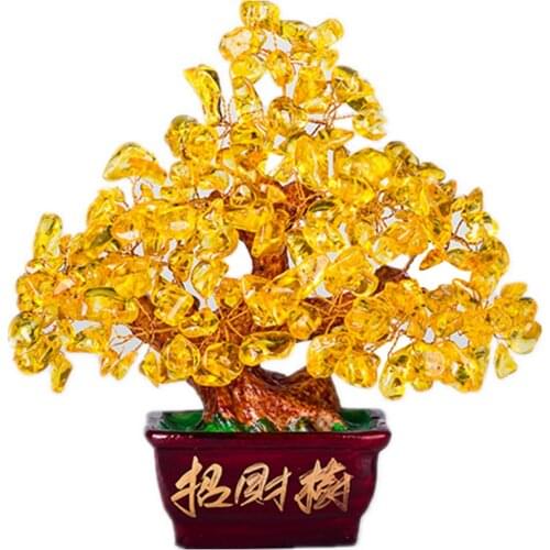 Resin Crystal Lucky Money Fortune Tree Golden Chinese Feng Shui Bonsai Home Office Car Decoration Wealth Tabletop Ornament Craft
