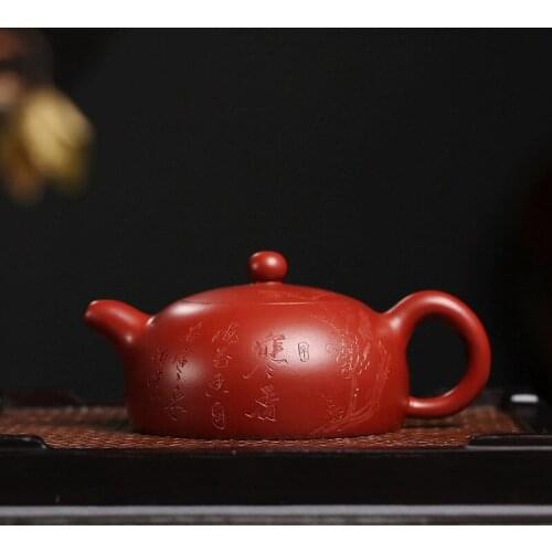 Clay pot genuine handicraft artist Fan Zehong engraved original mine Dahongpao half-moon pot Kungfu Teapot Tea Set