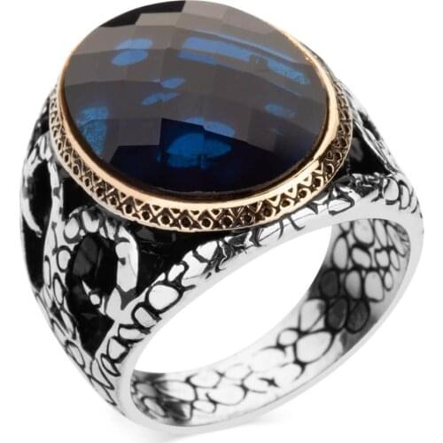 Faceted Oval Blue Zircon Gemstone Ring Handcarved Men Accessories Modern Luxury Silver Ring Men For Gifts