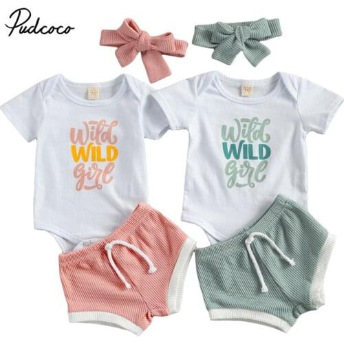 Infant Girl Three Piece Set, Infants Lettering Short Sleeve Romper Crew Neck Shirt Ribbed Knit Shorts with Kerchief 0-18M