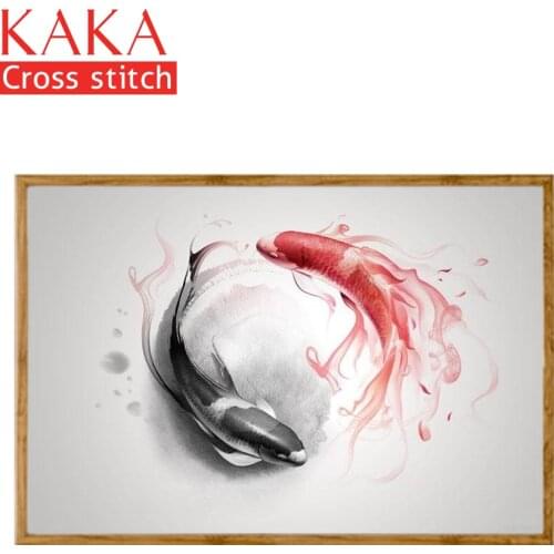 KAKA Cross stitch kits,5D Fish Swimming Animals,Embroidery needlework sets with printed pattern,11CT canvas,Home Decor Painting
