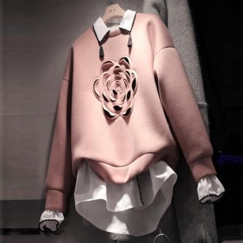 2018 Fall New Womens Korean Sweatshirt Fashion Three Dimensional Flowers Fake Two Piece Hoodie Girls' Student Pullover Shirt