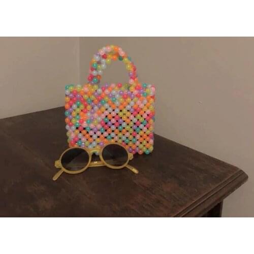 Luxury Pearl Hand-woven Colored Beaded Bag Stitching Square Tote Summer Vacation Portable Beach Bag handbag Free Shipping