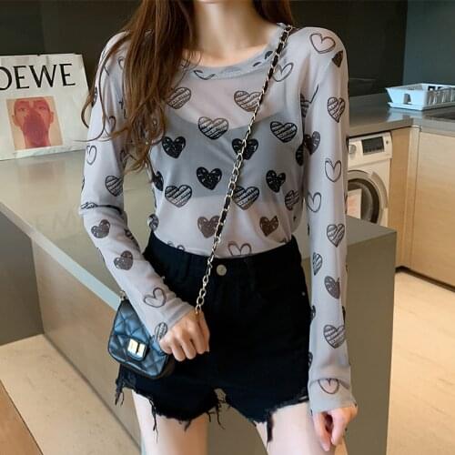 Fairyland Gauze Jacket Thin Versatile Ice Silk Sunscreen Shirt Long Sleeve T Shirt Women Sexy Girl Tops Love Moon Print Harajuku