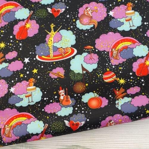PVC coated waterproof fabric - Animals Concerts - Dog, cat, Musical instrument (Black) (WF512)