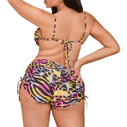 Women 2pc Swimsuits Swimming Clothes Sets Leopard Print Strappy Bikini Tops High Waist Panties Sexy Hollow Out Female Swimwear