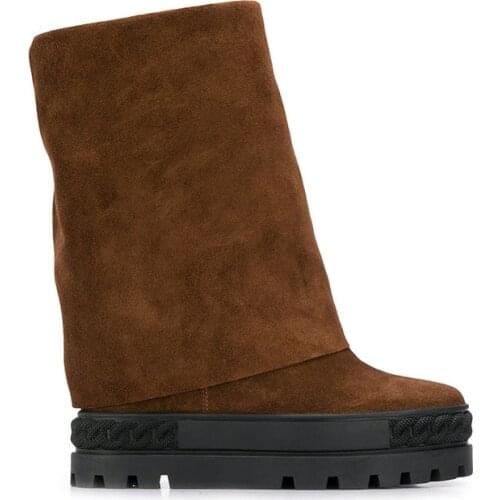 INS design brand woman double sole suede leather round toe high wedge heel platform ridged sole folded boots