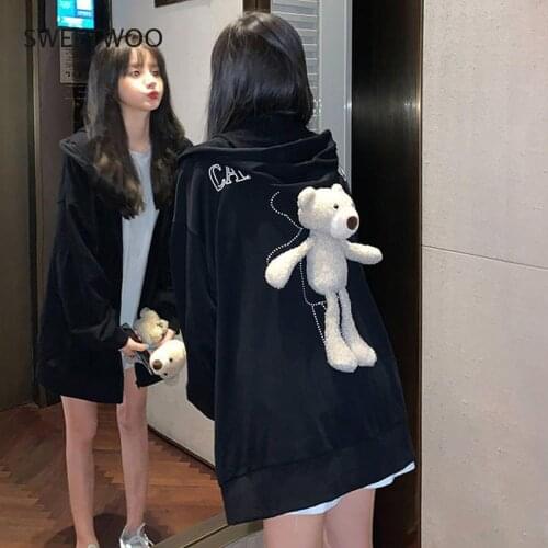 Behind Bear Doll Hooded Sweater Women 2021 Spring and Autumn Thin Sweet Kawaii Zipper Cardigan Sweater Jacket