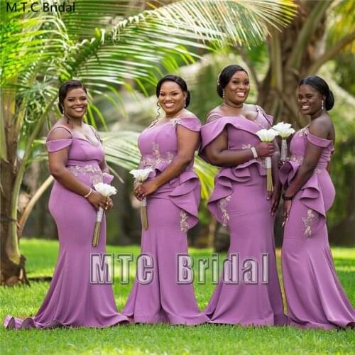 Lavender Mermaid Plus Size African Bridesmaid Dresses Spaghetti Straps Appliques Long Maid Of Honor Wedding Party Dress Cheap