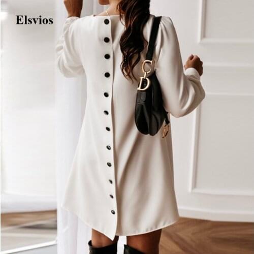 Elegant Women Metal Buttoned Mini Dress Casual Spring O Neck Party Dress Solid Autumn Female Long Sleeve A-Line Dresses Vestidos