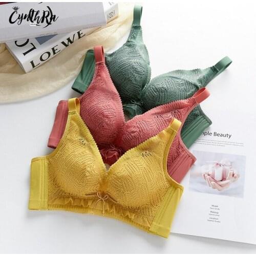 CYNTHRA Underwear Womens Sexy Lace Deep V Neck Beauty Back Gathered Push Up Wireless Seamless Thickened Adjustable Lingerie Set