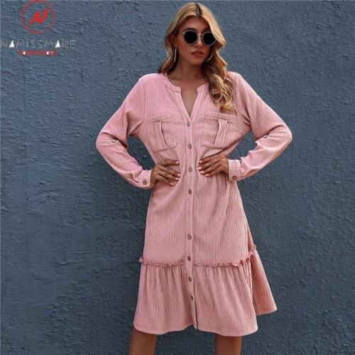 Women Solid Color Pleated Dress Single-Breasted Design Ruffles Pockets Decor V-Neck Long Sleeve Mid Waist Casual Cardigan Dress