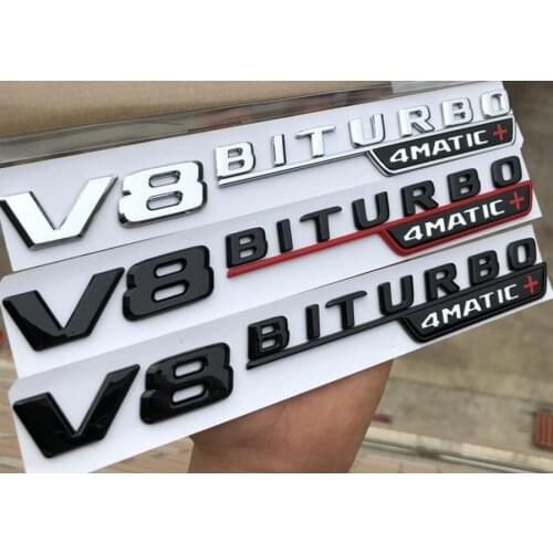 1 pair Chrome Black V8 BITURBO 4MATIC+ Fender Letters Badge Emblem Emblems Badges for Mercedes Benz AMG 4MATIC + 2017-2020