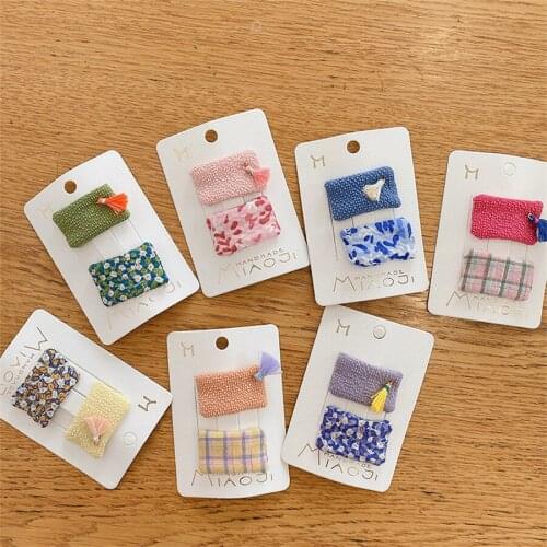 2Pcs/Set Candy Color Cute Girls Square Clip Kids kawaii Hairpin Barrette Child Printed Fabric Hair Accessories Fashion Headwear