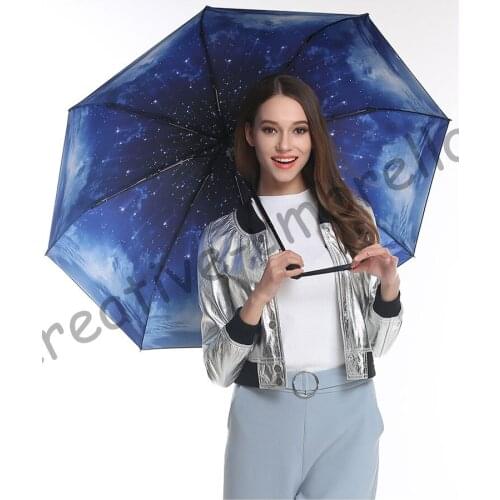 2pcs/lot colour options Fiberglass windproof 5 times black coating anti-UV parasol pocket folding starry sky printed umbrella