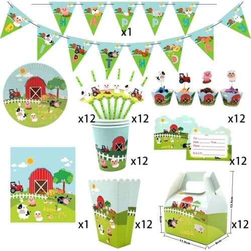 98Pcs for 12kids Farm Animals Pig Cow theme birthday party supplie tableware set, plate+straw+glass+candybox+invitation ect
