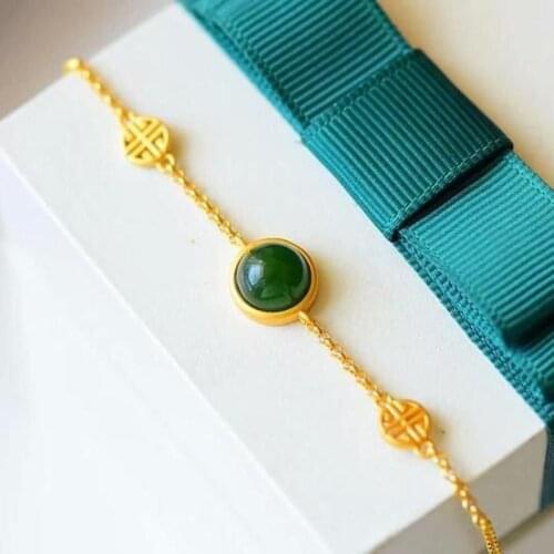S925 Sterling Silver Inlaid Natural Hetian Jade Bracelet round Beads Jasper Bracelet Palace Style All-Matching Original Jewelry